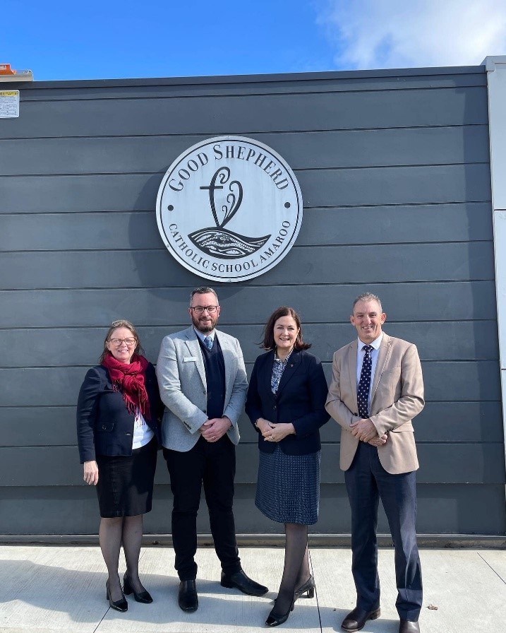 Senator Henderson with Patrick Ellis, Education Lead, David Austin, Good Shepherd Primary School Principal and Jane Kilmartin, Consultant to CECG Director