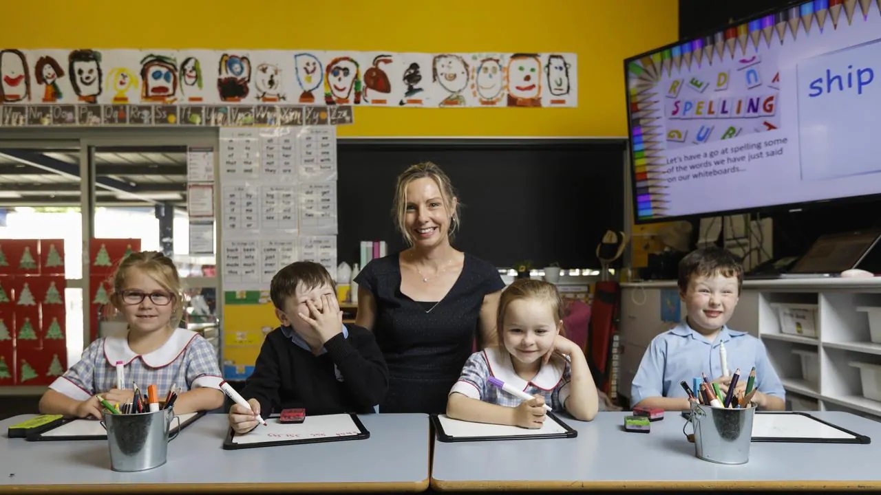 Rebecca Brady and students from St Bernard's Primary School